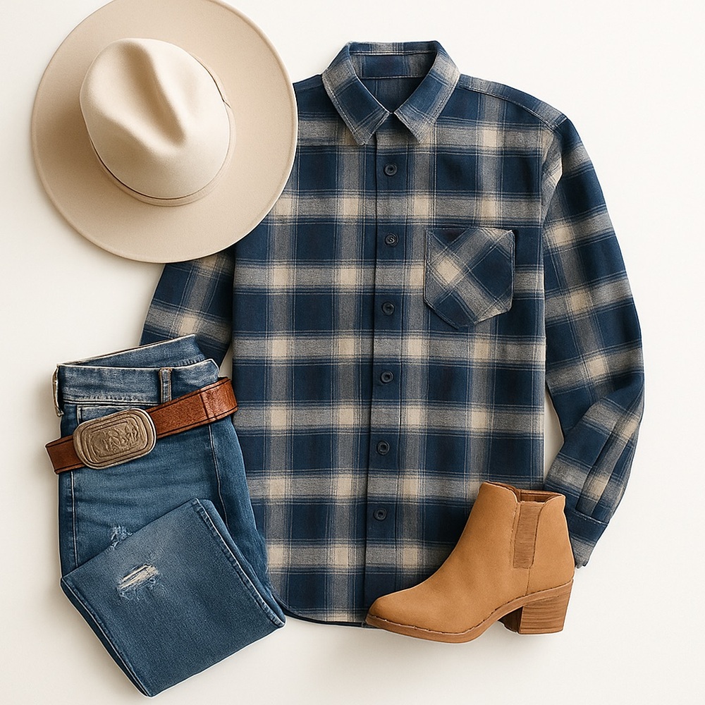 Wild Fable Navy & Cream Button Front 100% Cotton Plaid Button Down Flannel - SM
